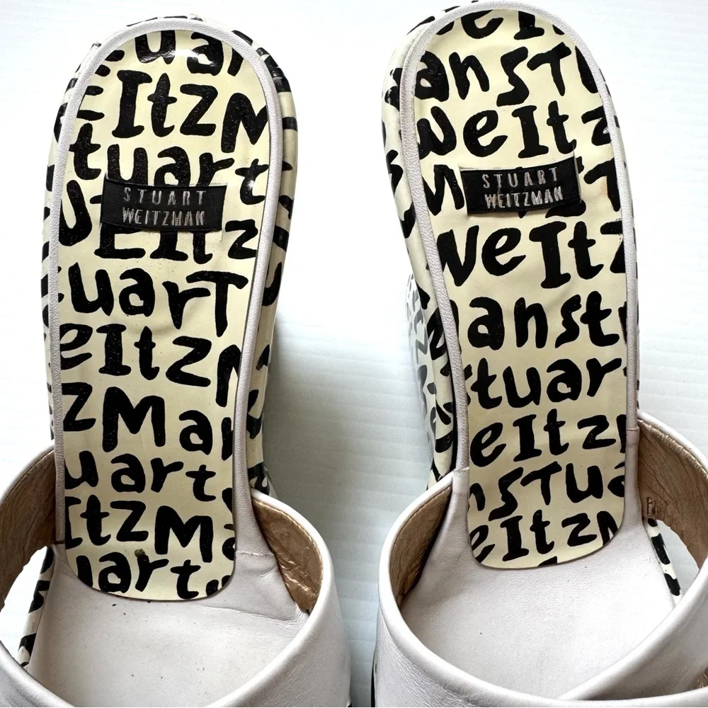 Stuart Weitzman White Leather Graphic Print Mule Wedge Heels Size 8 - Picture 8 of 13
